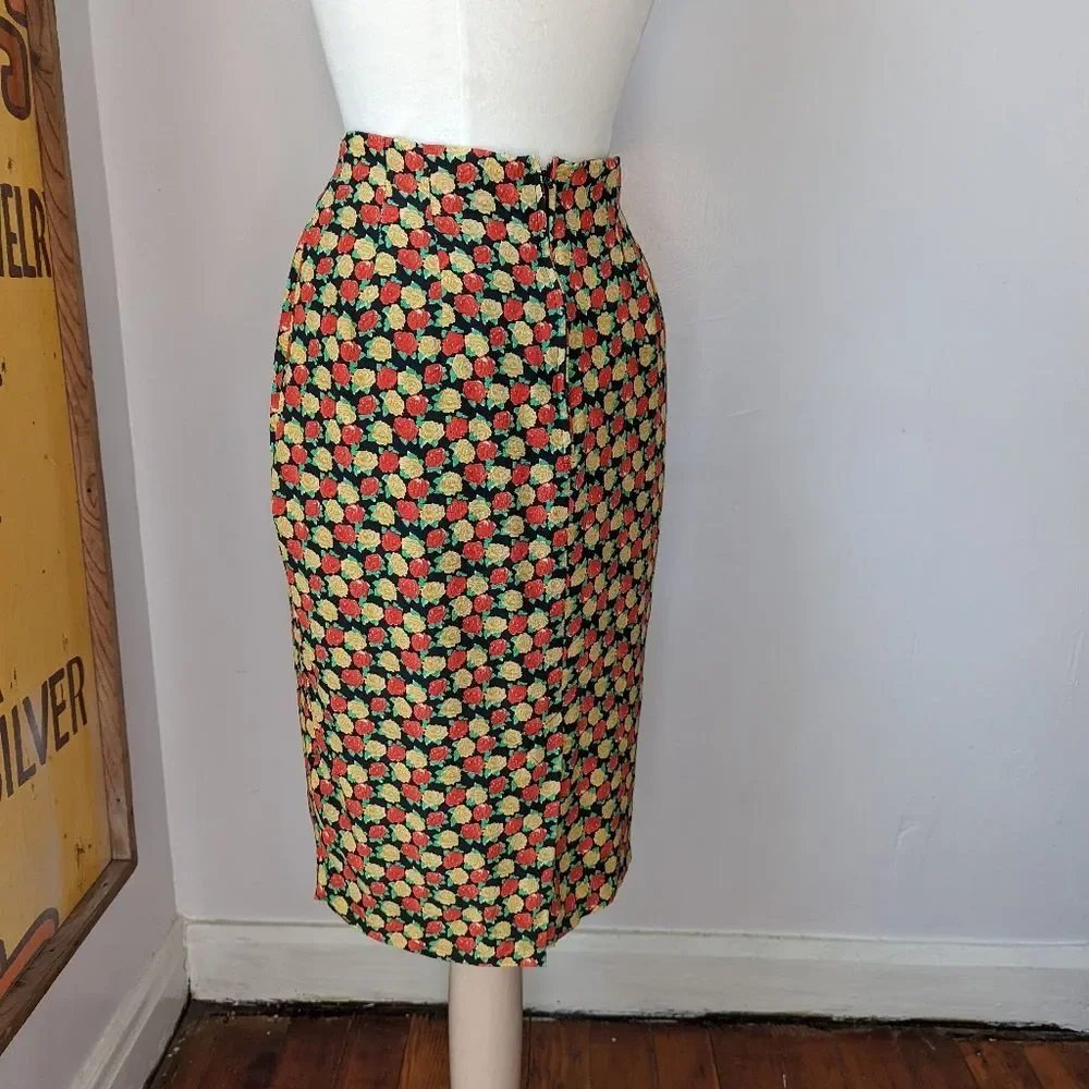 Vintage Red and Gold Rose Silk Pencil Skirt- 28" Waist - Picture 6 of 10